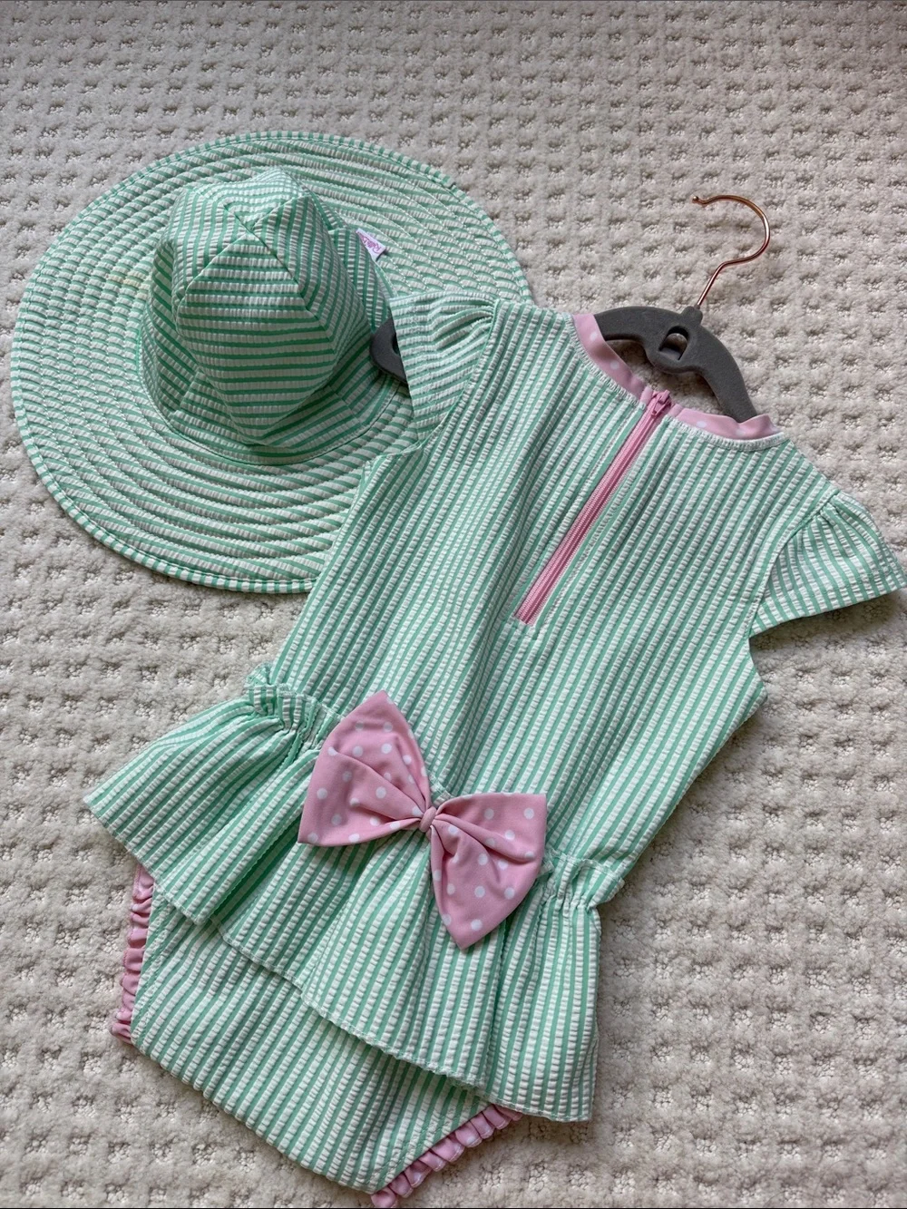 Mint Green Striped Baby Sunsuit with Hat